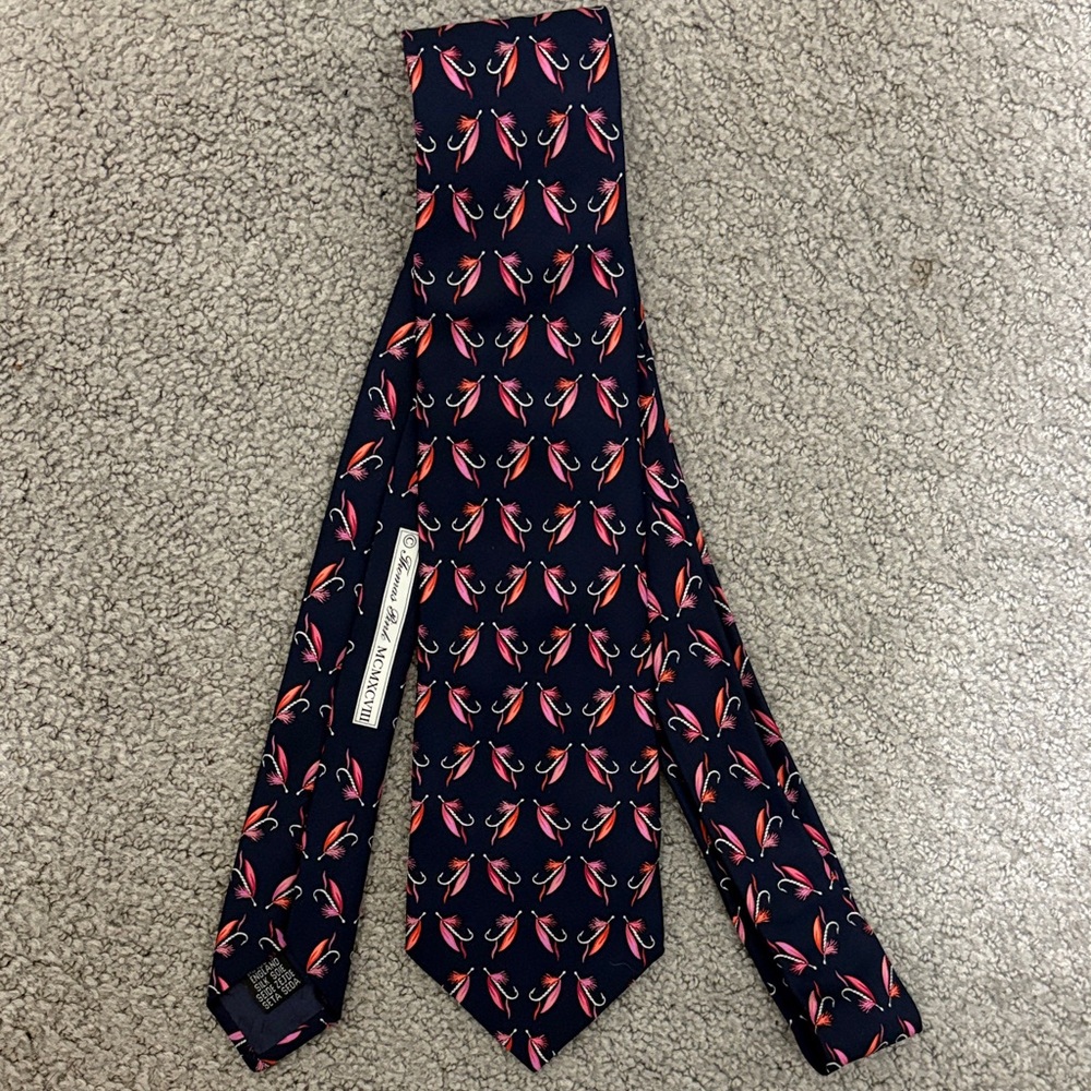 Thomas Pink Navy Blue Silk Tie with Pink Fly Fishing Pattern
